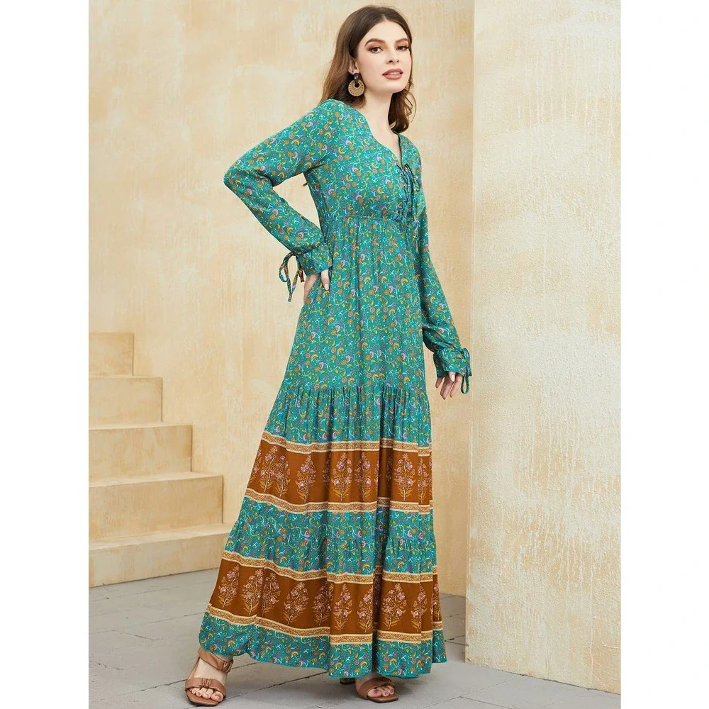 boho Floral Print Knot long Sleeve Ruffle Hem Maxi Dress paisley green - Picture 3 of 5